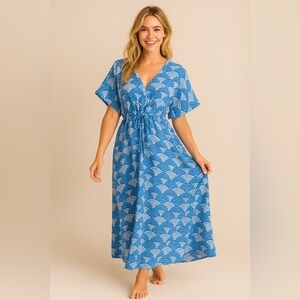 💙 PAX PHILOMENA 💙 Blue & White Printed Kaftan Maxi Dress One Size‎ 🌊